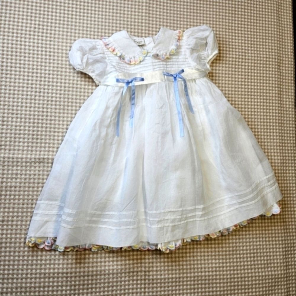 Leonarda Designs White Organza Overlay & Embroidered Cotton Puff Sleeve Dress